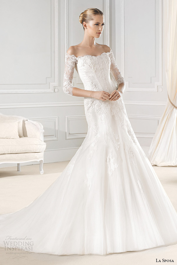 la sposa bridal 2015 wedding dress off the shoulder three quarter sleeves 3 4 sleeves lace trumpet wedding dress enrica