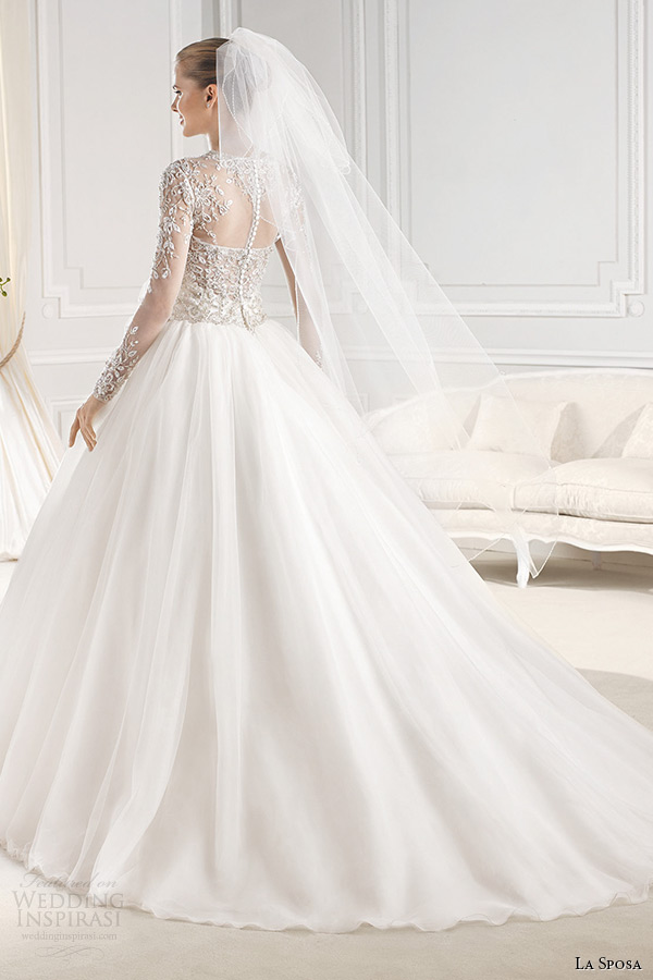 la sposa bridal 2015 wedding dress sheer jewel neckline long sleeves embellished bodice wedding ball gown chapel train ereden back view