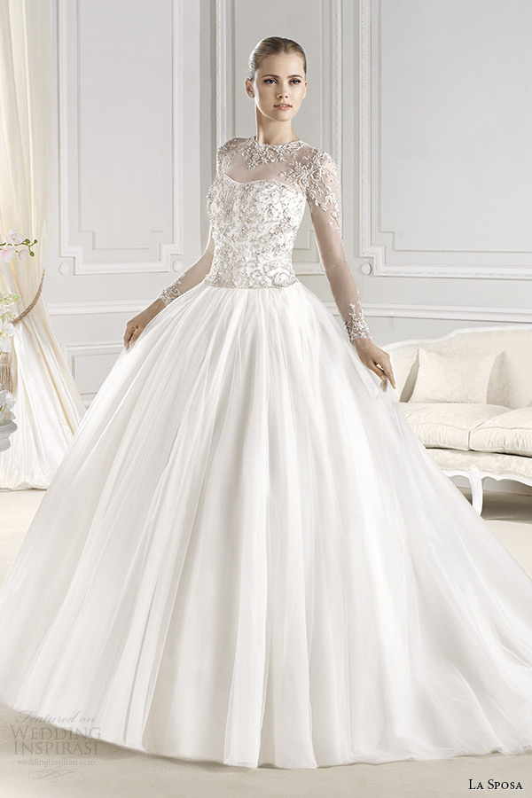 la sposa bridal 2015 wedding dress sheer jewel neckline long sleeves embellished bodice wedding ball gown ereden