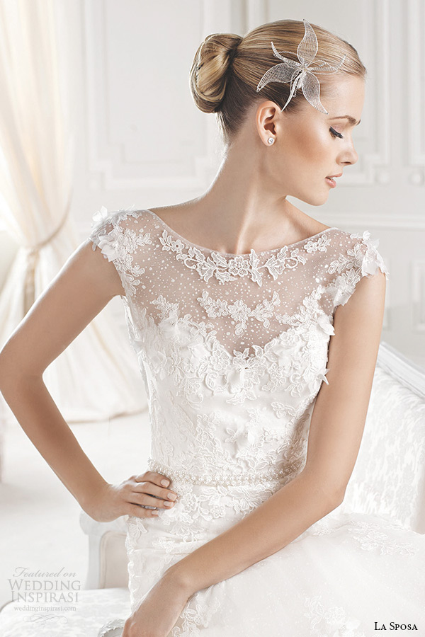 la sposa bridal 2015 wedding dress sleeveless bateau sheer neckline chapel train a line wedding gown eran close up