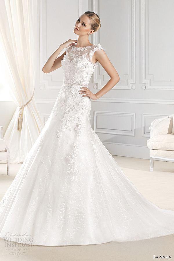 la sposa bridal 2015 wedding dress sleeveless bateau sheer neckline chapel train a line wedding gown eran