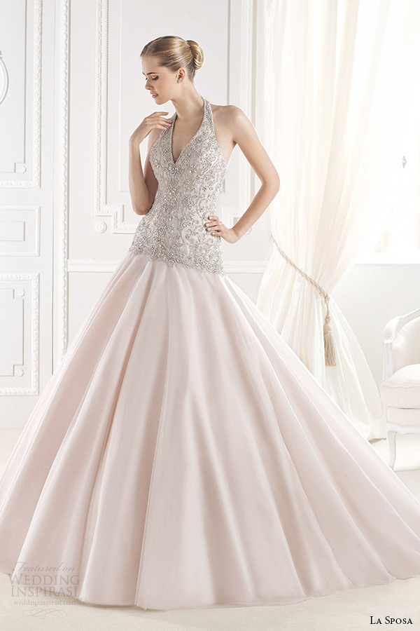 la sposa bridal 2015 wedding dress sleeveless halter neck embellished bodice pink blush a line wedding gown erinna