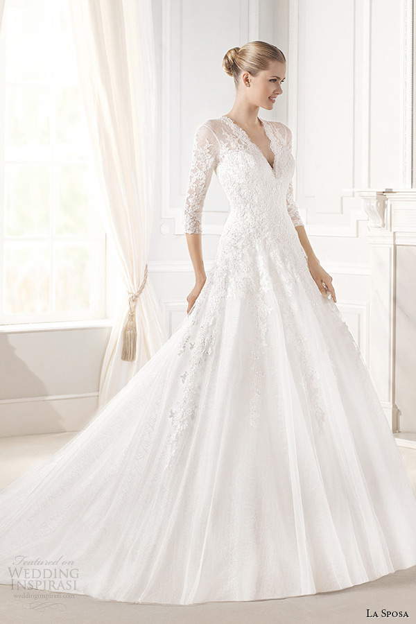 la sposa bridal 2015 wedding dress three quarter sleeves lace sheer v neck a line wedding dress engrin