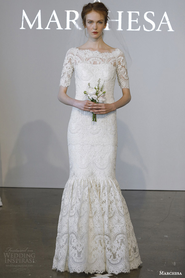 marchesa bridal spring 2015 bateau neck lace sheath wedding dress short half sleeves