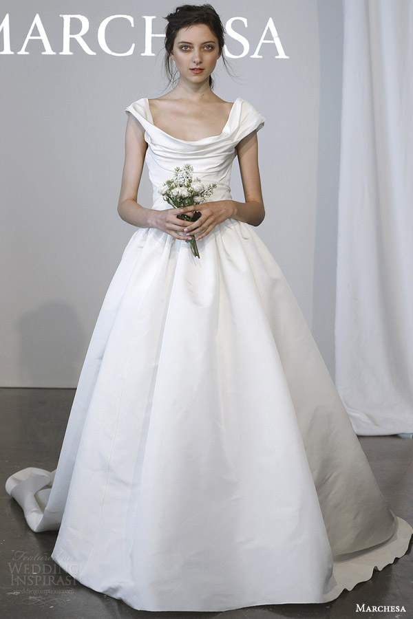 marchesa bridal spring 2015 cowl neck cap sleeve ball gown wedding dress