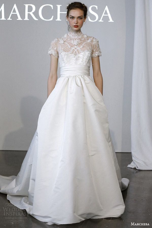 marchesa bridal spring 2015 high neckline illusion short sleeves wedding dress high waist cummerbund skirt