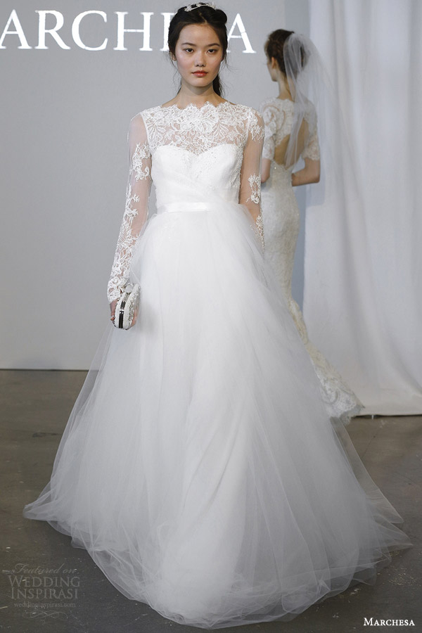 marchesa bridal spring 2015 illusion long sleeve wedding dress ethereal tullle ball gown skirt