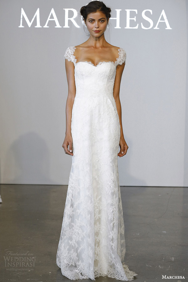 marchesa bridal spring 2015 lace cap sleeves wedding dress square neckline