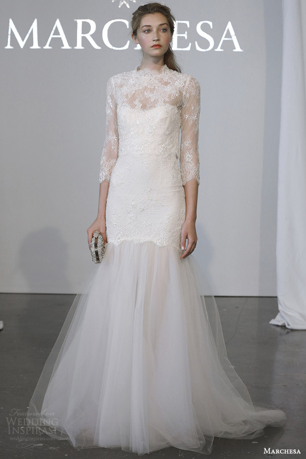 marchesa bridal spring 2015 lace three quarter sleeve wedding dress fit flare mermaid trumpet silhouette