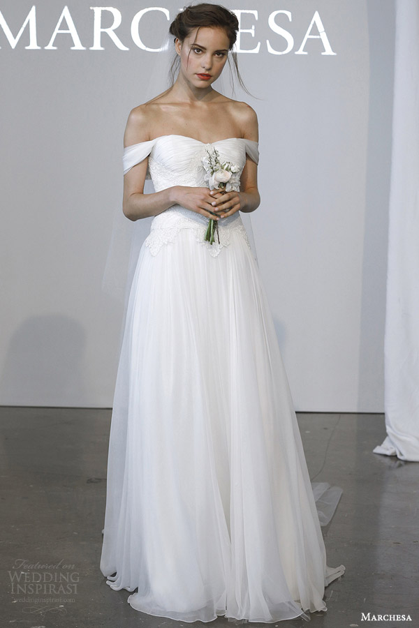 marchesa bridal spring 2015 off shoulder draped bodice wedding dress