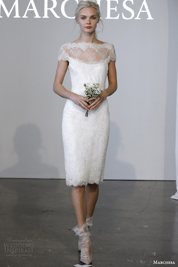 marchesa bridal spring 2015 short knee length cap sleeve lace wedding dress illusion neckline