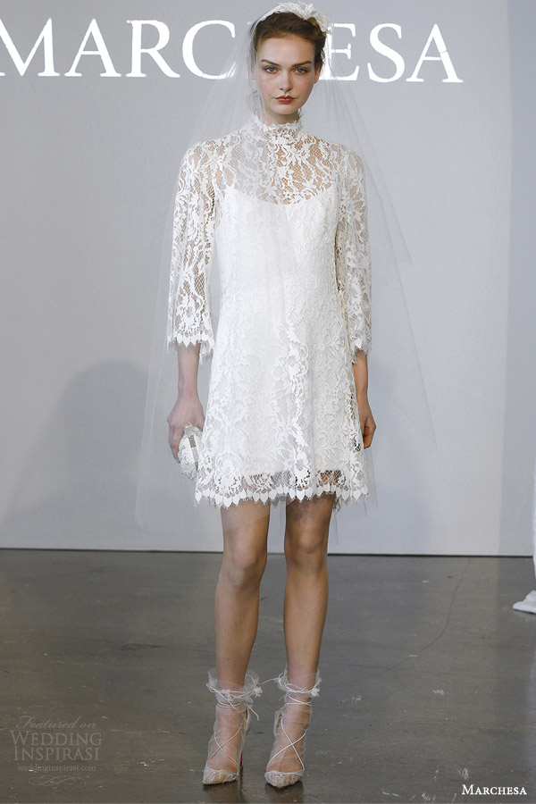 marchesa bridal spring 2015 short lace wedding dress long sleeves