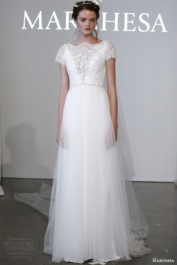 marchesa bridal spring 2015 short sleeve high illuson v neck wedidng dress