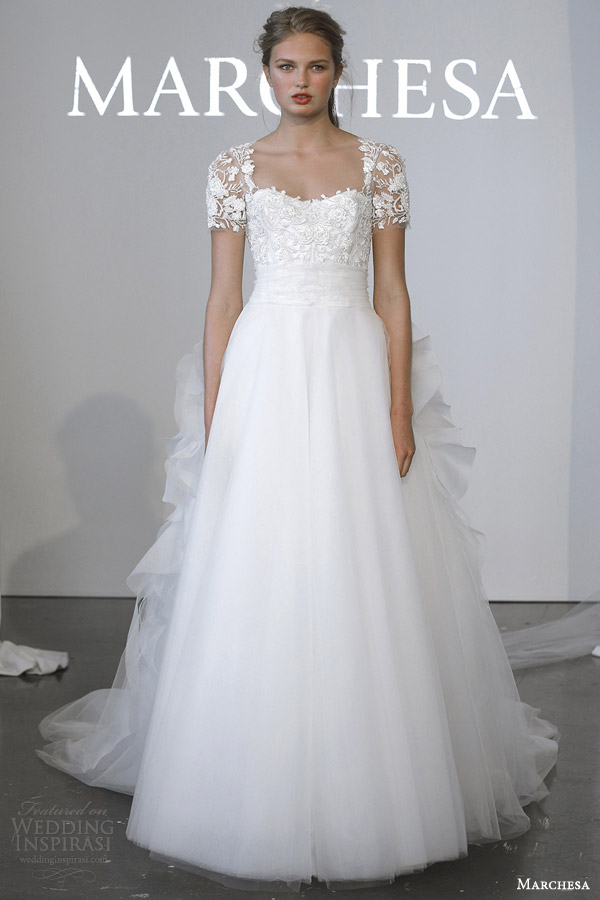 marchesa bridal spring 2015 short sleeve wedding dress ethereal layered skirt ruffle back train