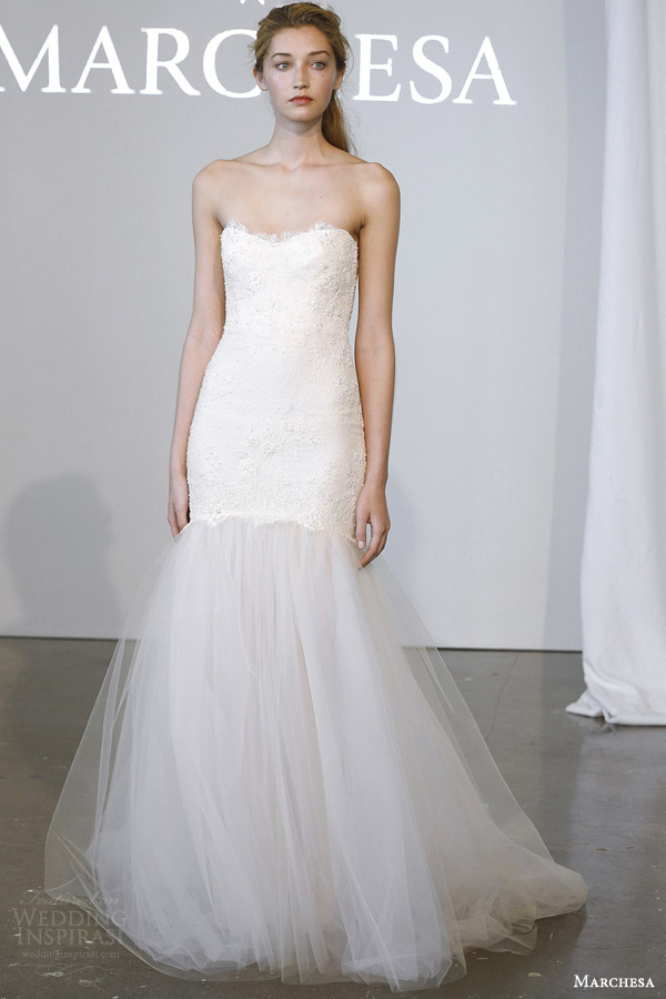 marchesa bridal spring 2015 strapless lace sweetheart fit flare wedding dress