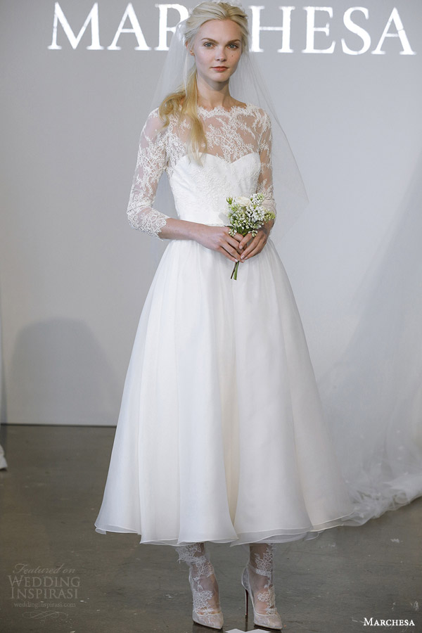 marchesa bridal spring 2015 tea length wedding dress three quarter illusion sleeves neckline