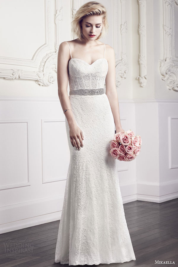 mikaella bridal spring 2015 style 1952 wedding dress lace sweetheart corset bodice exposed boning spaghetti straps removable beaded sash