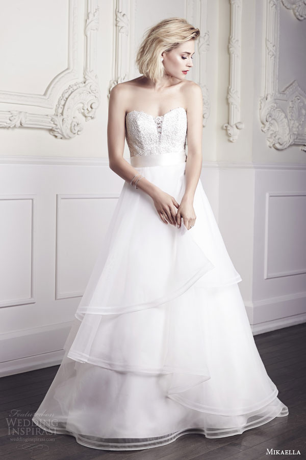 mikaella bridal spring 2015 style 1958 metallic lace satin organza strapless wedding dress deep sweetheart bodice double mohair edging skirt