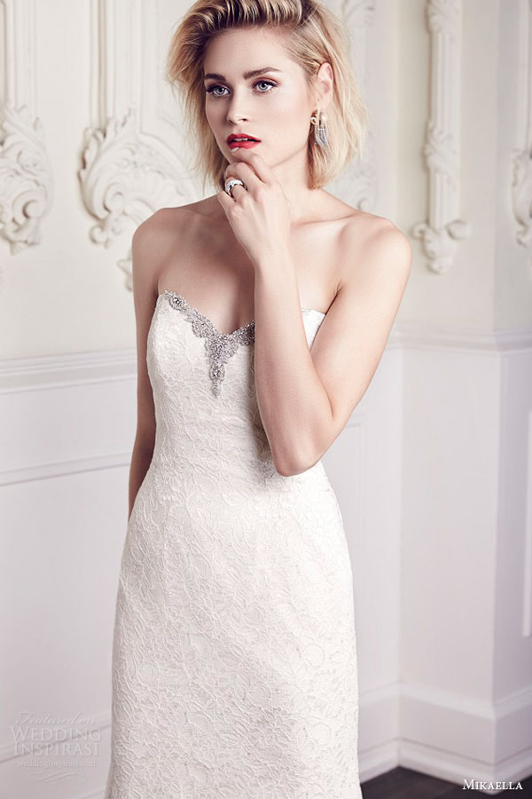 mikaella bridal spring 2015 style 1961 strapless sweetheart lace wedding dress mid back strap keyhole