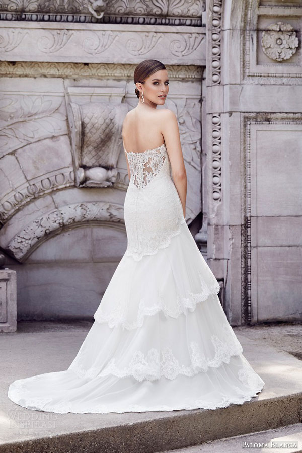 paloma blanca bridal spring 2015 style 4550 strapless sweetheart fit flare tulle alencon lace wedding dress scalloped hem