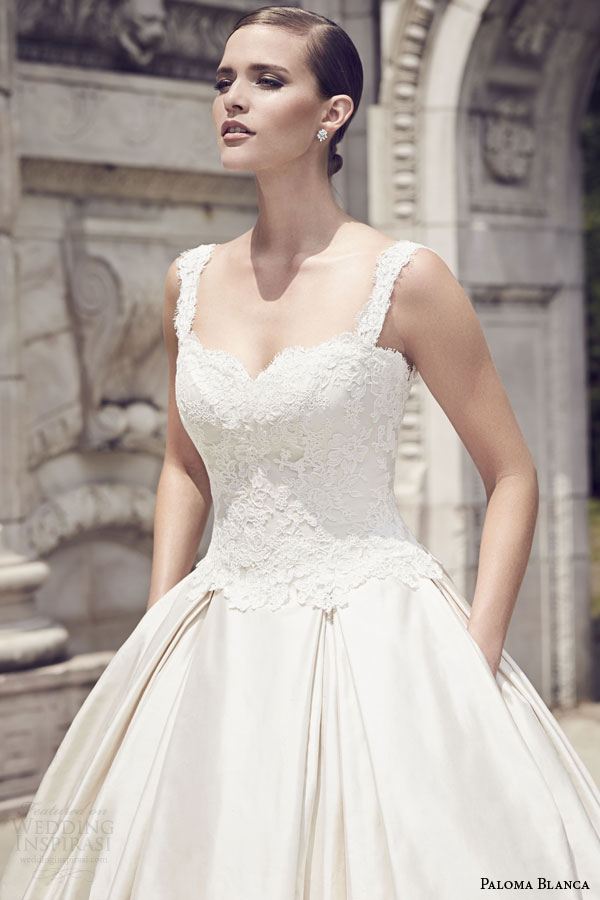 paloma blanca bridal spring 2015 style 4560 alencon lace silk dupioni sleeveless wedding dress double box pleat skirt pockets close up