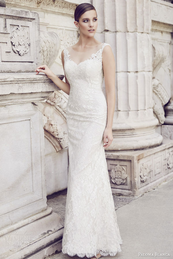 paloma blanca bridal spring 2015 style 4560 alencon lace silk dupioni sleeveless wedding dress double box pleat skirt pockets full view