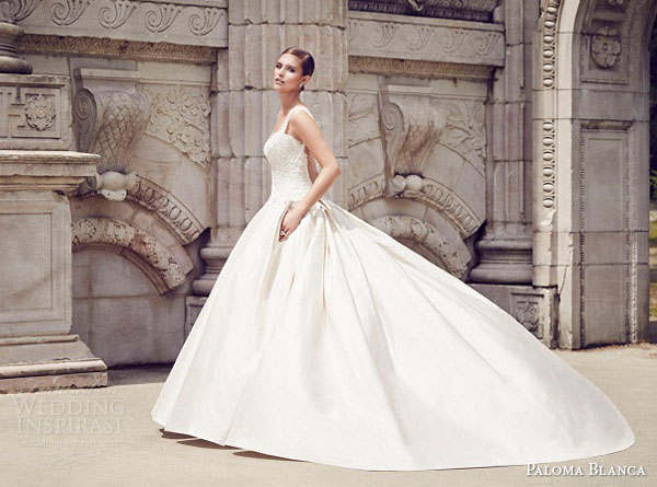 paloma blanca bridal spring 2015 style 4560 alencon lace silk dupioni sleeveless wedding dress double box pleat skirt pockets