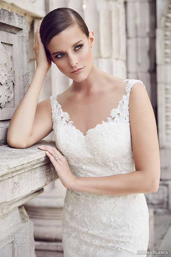 paloma blanca bridal spring 2015 style 4561 sleeveless chantilly lace wedding dress illusion neckline beaded applique