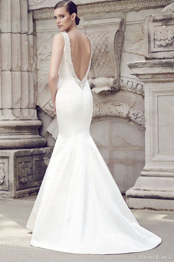 paloma blanca bridal spring 2015 style 4563 peau de soie sleeveless mermaid wedding dress applique straps low back