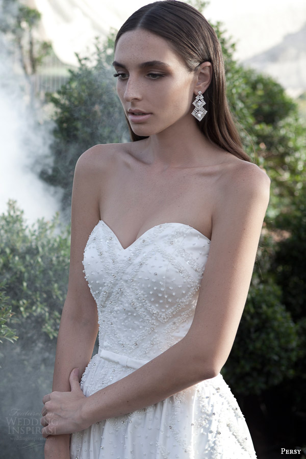 persy bridal 2015 strapless wedding dress sweetheart neckline beaded bodice close up