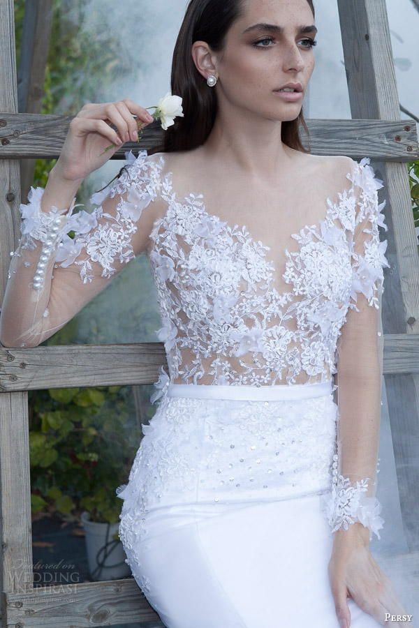 persy bridal spring 2015 illusion neckline long sleeve wedding dress close up