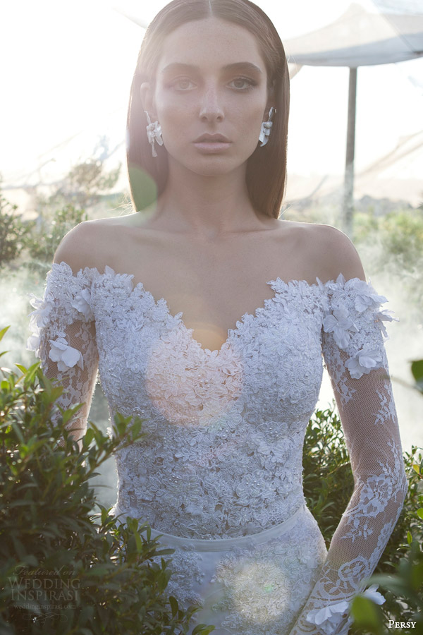 persy haute couture bridal spring 2015 off the shoulder long sleeve wedding dress sweetheart neckline