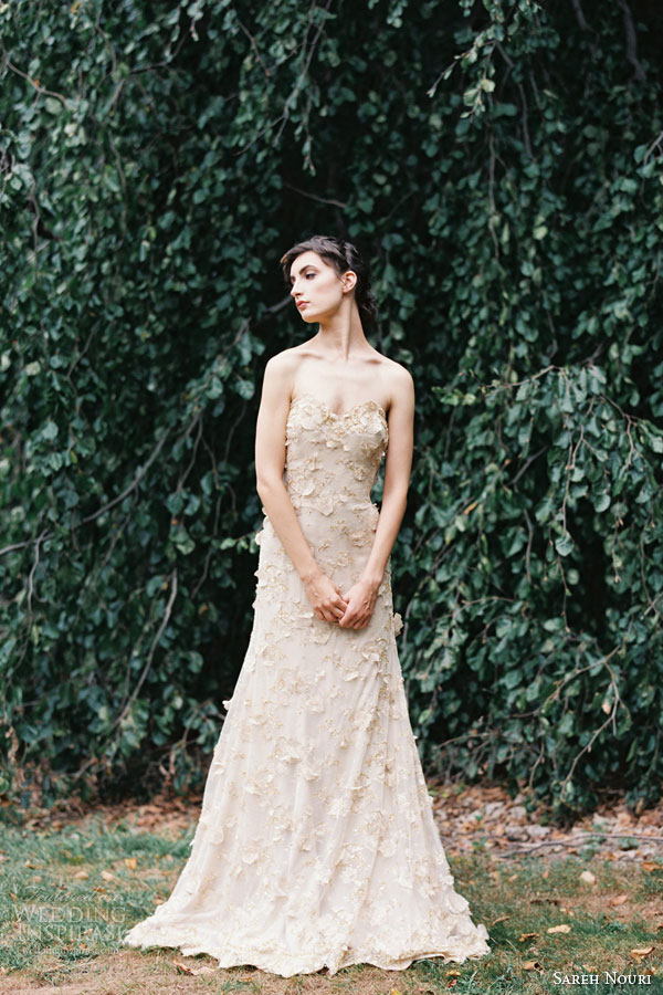 sareh nouri bridal fall 2015 cleopatra strapless blush sheath wedding dress hand sewn flowers appliques