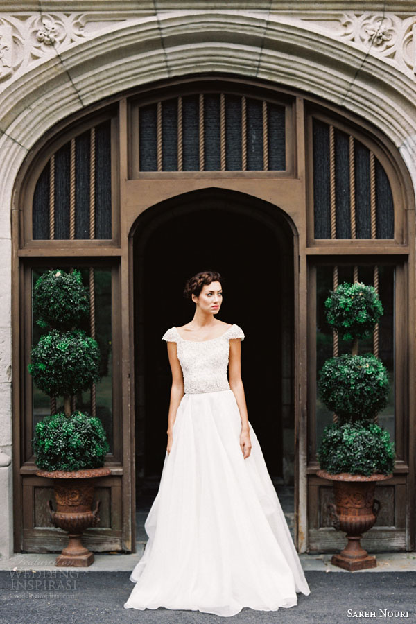 sareh nouri bridal fall 2015 colette cap sleeve wedding dress hand beaed bodice draped organza skirt