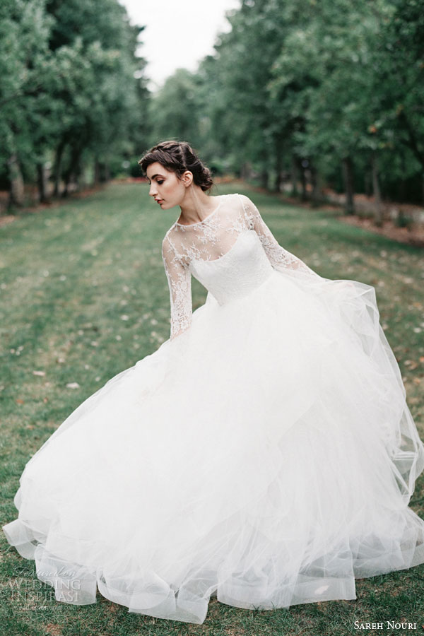 sareh nouri bridal fall 2015 esmeralda long sleeve ball gown wedding dress chantilly lace beading tulle skirt horsehair