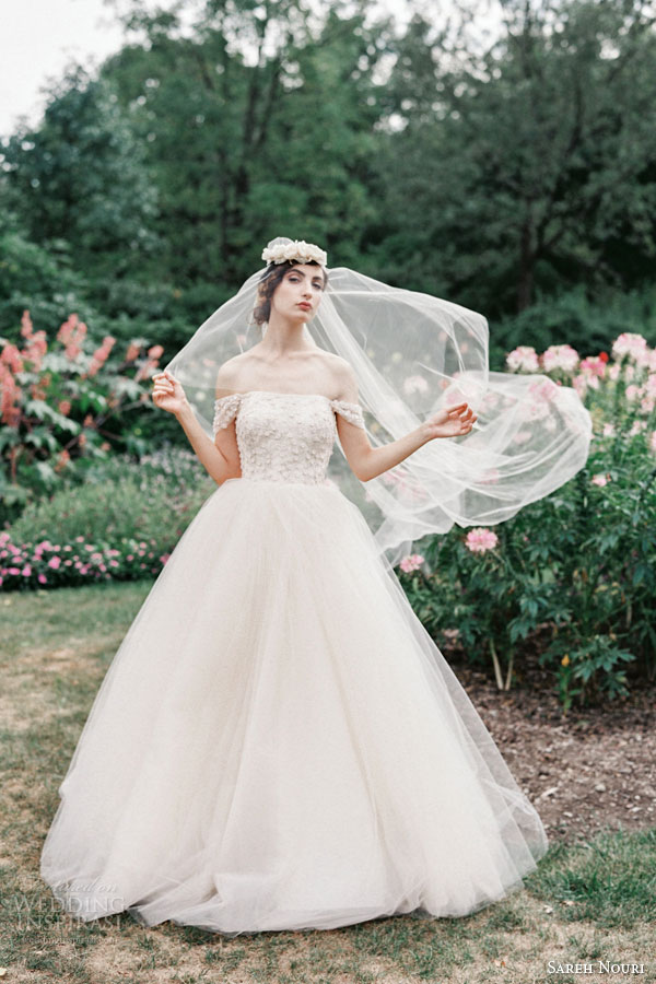 sareh nouri bridal fall 2015 kristina rose blush tulle ball gown wedding dress off shoulder straps drop sleeves sareh nouri bridal fall 2015 kristina rose blush tulle ball gown wedding dress off shoulder straps drop sleeves