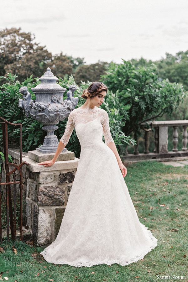 sareh nouri bridal fall 2015 sarabeth alencon lace wedding dress illusion high neckline three quarter sleeves sareh nouri bridal fall 2015 sarabeth alencon lace wedding dress illusion high neckline three quarter sleeves