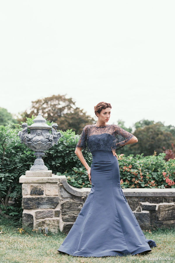 sareh nouri evening fall 2015 melinda navy zibeline trumpet gown lace capelet