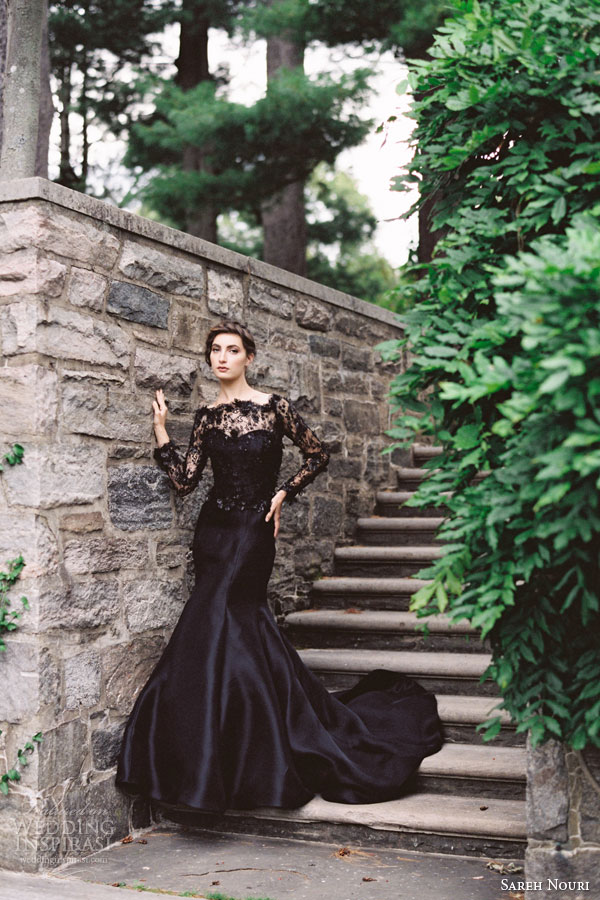 sareh nouri evening fall 2015 midnight black lace wedding dress gazar trumpet gown long sleeves