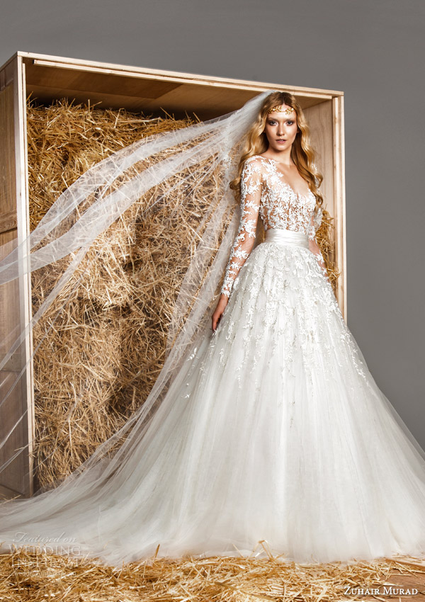 zuhair murad bridal spring 2015 daisy illusion long sleeve sheath wedding dress a line skirt overskirt