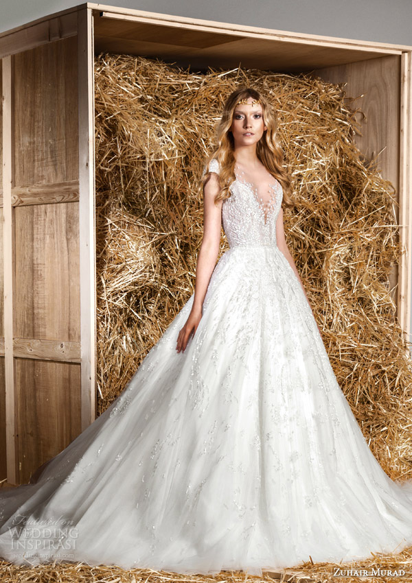 zuhair murad bridal spring 2015 jaimy illusion short sleeve wedding dress full a line overskirt