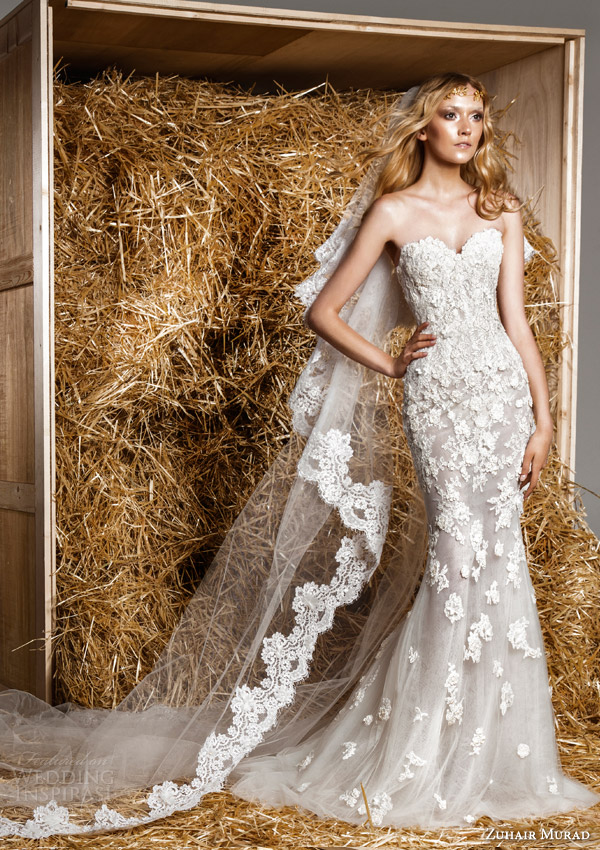 zuhair murad bridal spring 2015 kelly strapless sweetheart trumpet mermaid wedding dress lace appliques