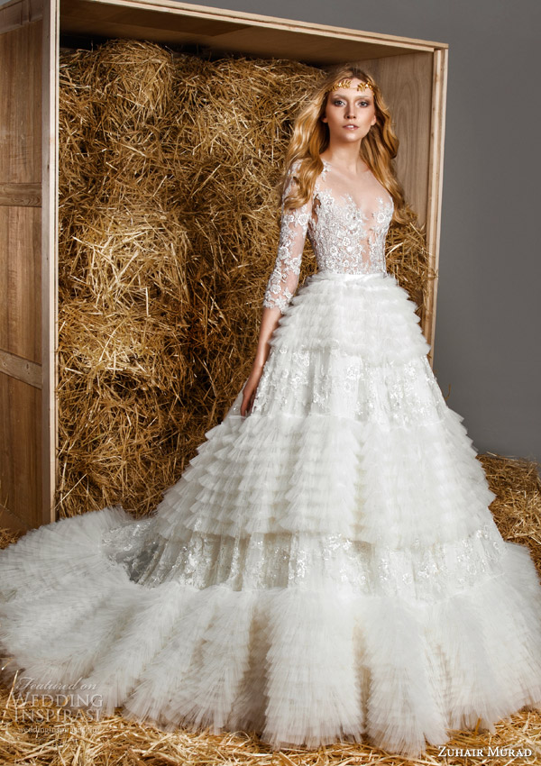 zuhair murad bridal spring 2015 molly illusion neckline bodice wedding dress three quarter sleeves ruffle over skirt