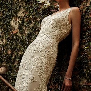 bhldn spring 2015 bridal bateau neckline almond color embroidered bodice vintage short wedding dress alma closeup