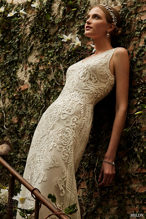 bhldn spring 2015 bridal bateau neckline almond color embroidered bodice vintage short wedding dress alma closeup