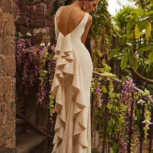 bhldn spring 2015 bridal bateau neckline sleeveless v cut ruffled back creme clean cut sheath wedding dress valentina