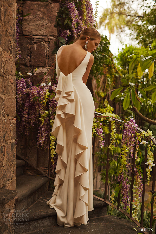 bhldn spring 2015 bridal bateau neckline sleeveless v cut ruffled back creme clean cut sheath wedding dress valentina