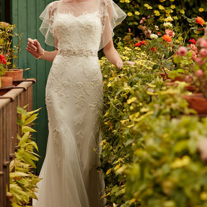 bhldn spring 2015 bridal bateau sheer neckline flutter sleeves beading godets sheath wedding dress bettina