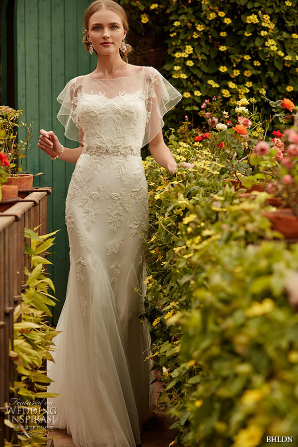 bhldn spring 2015 bridal bateau sheer neckline flutter sleeves beading godets sheath wedding dress bettina