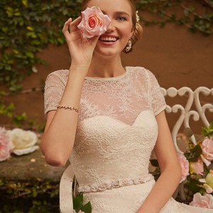 bhldn spring 2015 bridal bateau sheer sweetheart neckline short sheer lace sleeves v low cut back creme a line wedding dress closeup